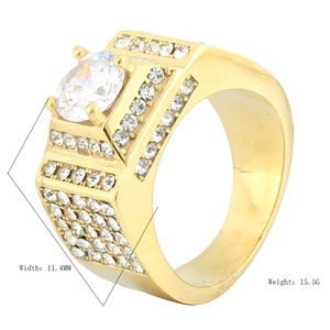 Men's hip-hop gold plated square ring with round center zircon and pavé detailing