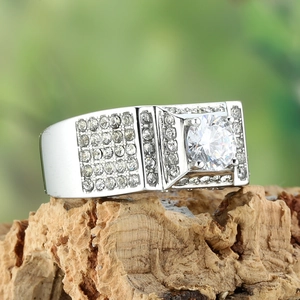 Luxury square silver men's ring with large round zircon center and pavé side stones