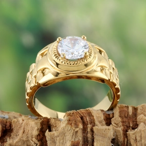 Classic gold titanium steel ring with round zircon and textured band on wood