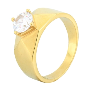 Fashion Stainless Steel Geometric Faceted Men Ring Polished Band With Large Round Clear Rhinestone Prong Setting Jewelry