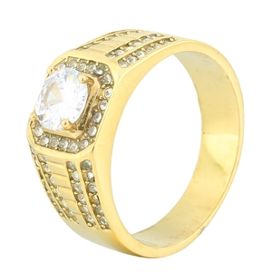 Macro side view of gold wedding ring with square-cut zircon and paved stones inlay