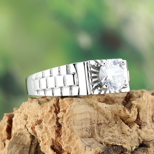 Vintage Punk Stainless Steel Ring For Men Large Round White Rhinestone Inlaid Watch Strap Texture Band Fashion Jewelry Ring