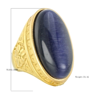 Vintage gold stainless steel ring with blue cat eye stone, 30mm width, 23.1g weight