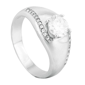 Bague classique en acier titane argenté avec pierre centrale ronde et pavage brillant