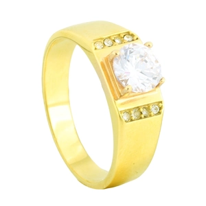 Gold titanium steel ring for men and women featuring a round clear gemstone and side stones