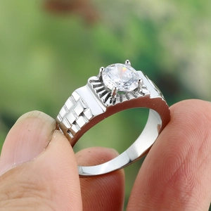 Men's punk stainless steel ring with large round white gemstone and strap texture