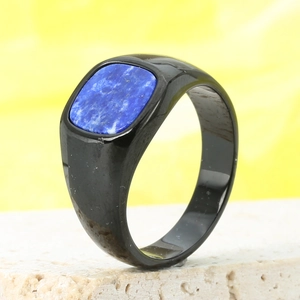 Vintage men's black plated signet ring with square blue lapis lazuli stone inlay