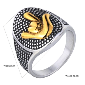 Vintage Stainless Steel Rock Sign Signet Ring For Men Two Tone Gold Silver Relief Punk Hip Hop Streetwear Biker Ring