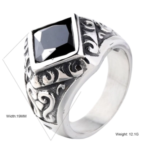 Retro stainless steel men's signet ring with black square stone and scroll carving