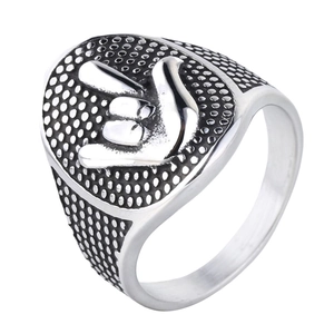 Retro hip-hop rock hand gesture relief stainless steel ring with 45-degree angle view