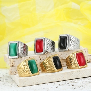 Retro stainless steel square signet rings with embossed patterns and assorted gemstones