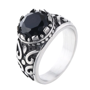 Vintage titanium steel ring for men featuring a black gemstone and floral side relief
