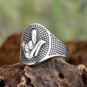 Retro punk titanium steel ring featuring a vintage ASL ILY sign language hand gesture