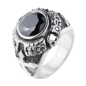 Men Stainless Steel Vintage Punk Gothic Ring Skull Cross Alphabet Design Rhinestone Inlaid Biker Finger Ring Jewelry Gift