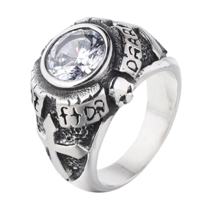 Punk style stainless steel cross skull ring with a large round cubic zirconia stone