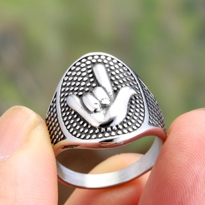 Men's retro silver titanium steel signet ring with ASL I love you hand gesture relief