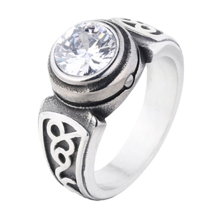 Retro stainless steel men's ring with a large clear gemstone and vintage carvings