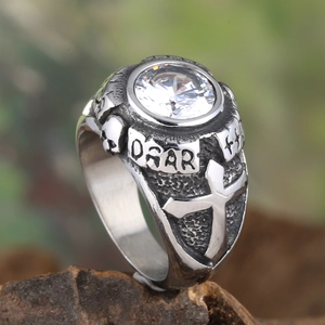 Gothic silver stainless steel ring with skull cross relief and round clear zircon stone