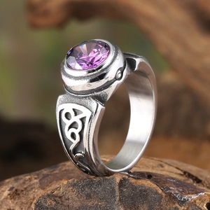 Vintage silver steel ring for men featuring a large round purple gemstone and carvings