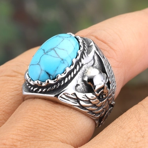 Vintage punk skull ring in silver steel with oval turquoise stone for men