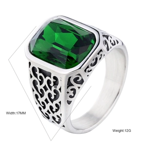 Retro Stainless Steel Men's Ring Rectangle Emerald Cut Rhinestone Inlaid Hollow Scroll Pattern Band Fashion Jewelry Finger Ring