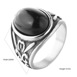 Vintage Punk Stainless Steel Ring For Men Women Large Oval Zirconia Inlaid Embossed Floral Pattern Retro Finger Ring Jewelry