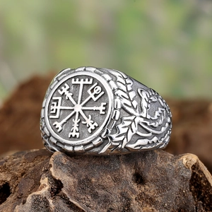 Vintage Viking compass signet ring for men in antique silver finish stainless steel