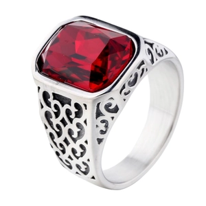 Retro stainless steel ring with rectangle red gemstone and intricate hollow carvings