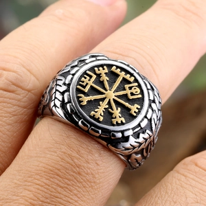 Vintage Viking Vegvisir compass ring in stainless steel with black and gold finish for men