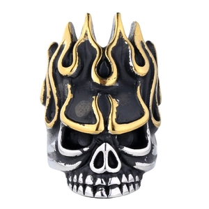 Retro stainless steel skull ring with gold flame accents and a vintage black finish for men