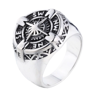 Men's vintage titanium steel compass ring with zircon star design on white background