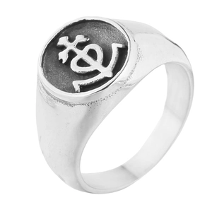 Vintage silver anchor and cross seal ring in stainless steel with a retro punk style