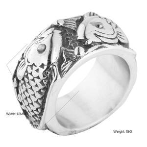 Retro Stainless Steel Double Carp Relief Wide Band Ring For Men Women Chinese Style Vintage Punk Jewelry Finger Ring