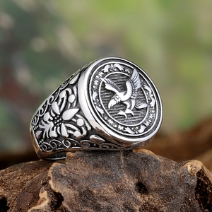 Vintage eagle signet ring for men in antique silver finish with punk style carvings