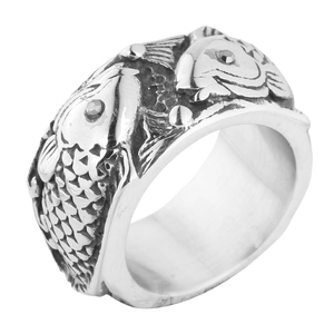 Vintage koi fish relief ring in oxidized silver stainless steel with detailed fish scales