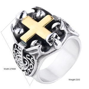 Gothic punk men's stainless steel ring with gold cross and skull detail, 27mm wide