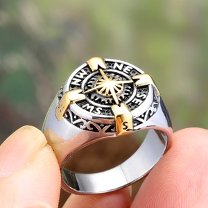 Two-tone stainless steel compass ring for men with vintage nautical star engraving