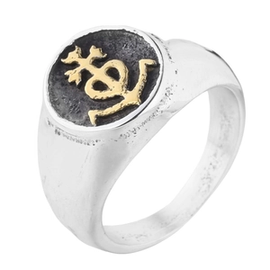 Vintage Viking anchor seal ring with gold relief on black matte stainless steel