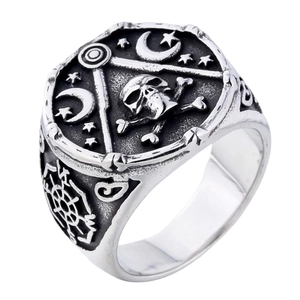 Retro-Ring aus Edelstahl mit Totenkopf und Freimaurer-Symbolen für Herren