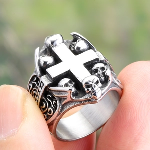 Gothic vintage stainless steel ring with cross and skulls in retro silver finish