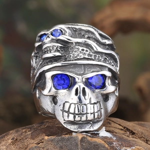 Vintage stainless steel skull ring for men with blue zircon eyes and antique silver finish