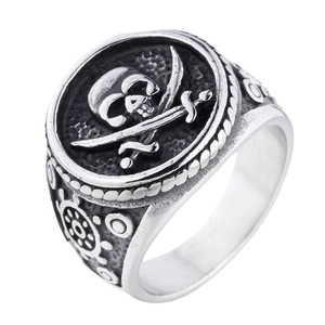 Vintage pirate skull and crossbones stainless steel punk ring for men with silver finish