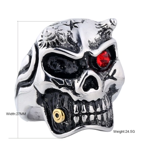 Retro Punk Gothic Skull Ring For Men Stainless Steel With Red Rhinestone Eye Exaggerated Biker Ring Men Finger Jewelry