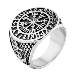 Vintage steel Viking Vegvisir ring with Nordic runes on a white background