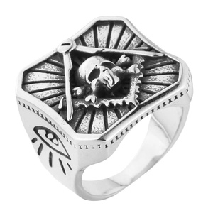 Bague maçonnique vintage en acier inoxydable avec crâne et compas de franc-maçon