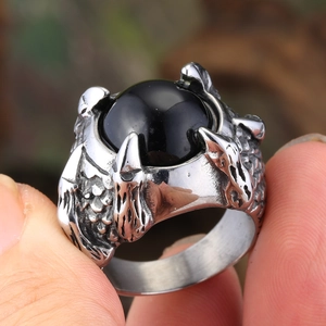 Gothic punk dragon claw ring with black stone inlay in vintage stainless steel finish
