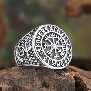 Vintage Nordic Viking Vegvisir Compass Ring For Men Stainless Steel Antique Silver Rune Signet Ring Retro Hip Hop Jewelry
