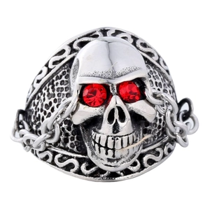 Vintage punk silver skull ring with red rhinestone eyes and metal chains detail