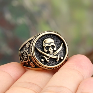 Retro stainless steel pirate skull ring featuring crossed swords and ship wheel
