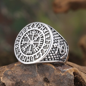 Vintage Vegvisir Viking compass ring with Nordic runes in antique silver finish